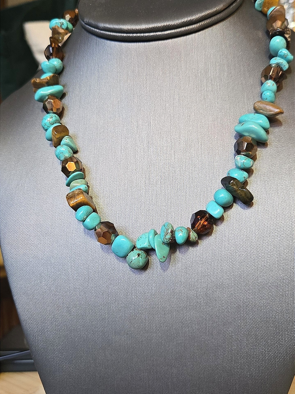 Turquoise, Tigers Eye and Brown Accent Bead Necklace - Women's Fashion Jewelry